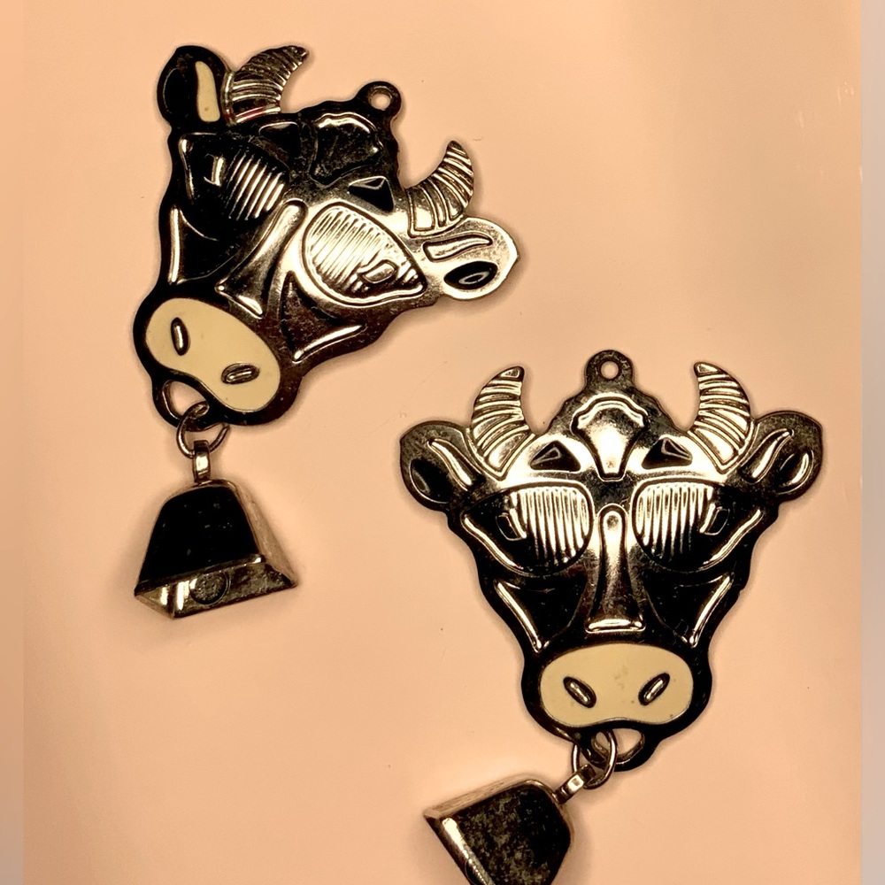 Set of Two Silver-tone Cow Head Pendants with a Bell on Each